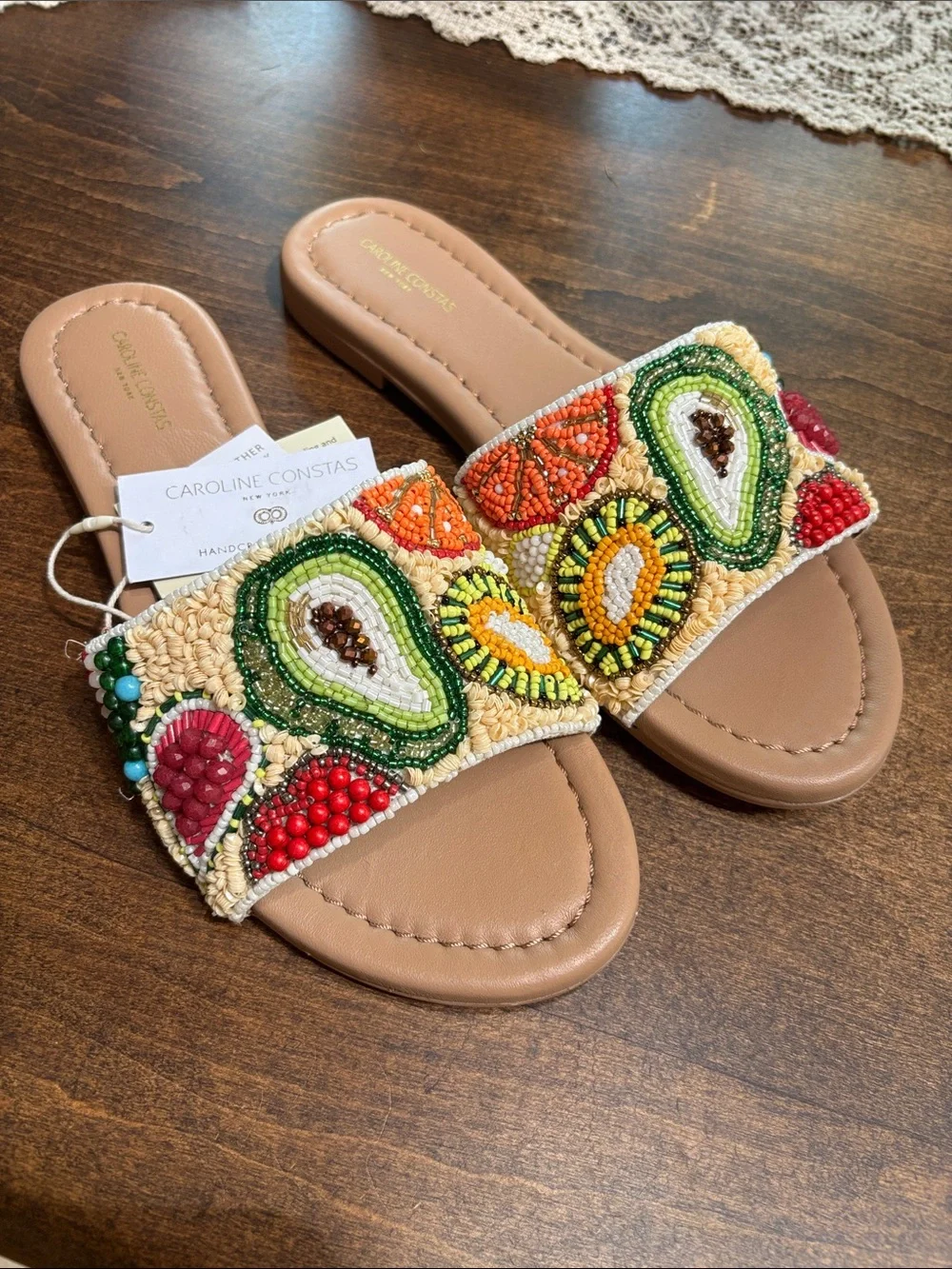 Caroline Constas Tan Slide Sandals with Multicolor Beaded Fruit Motif